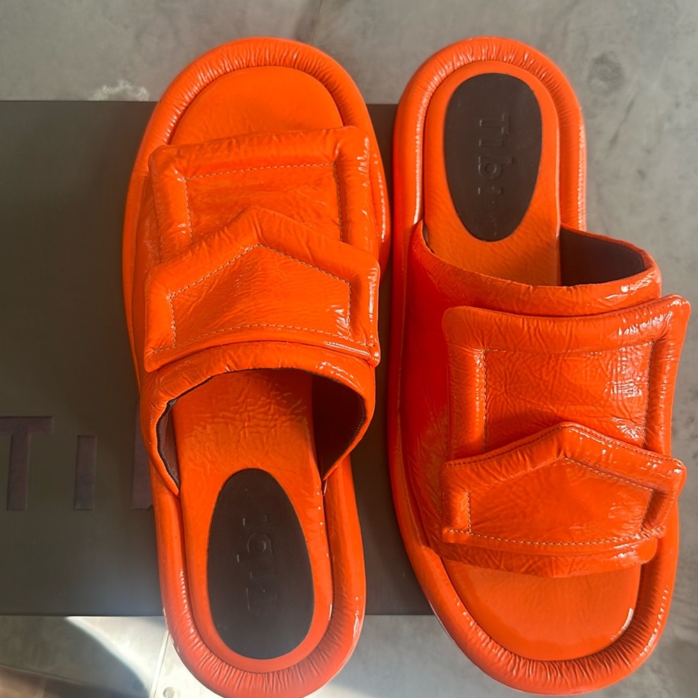 Tibi Orange Patent Quilted Slide Sandals